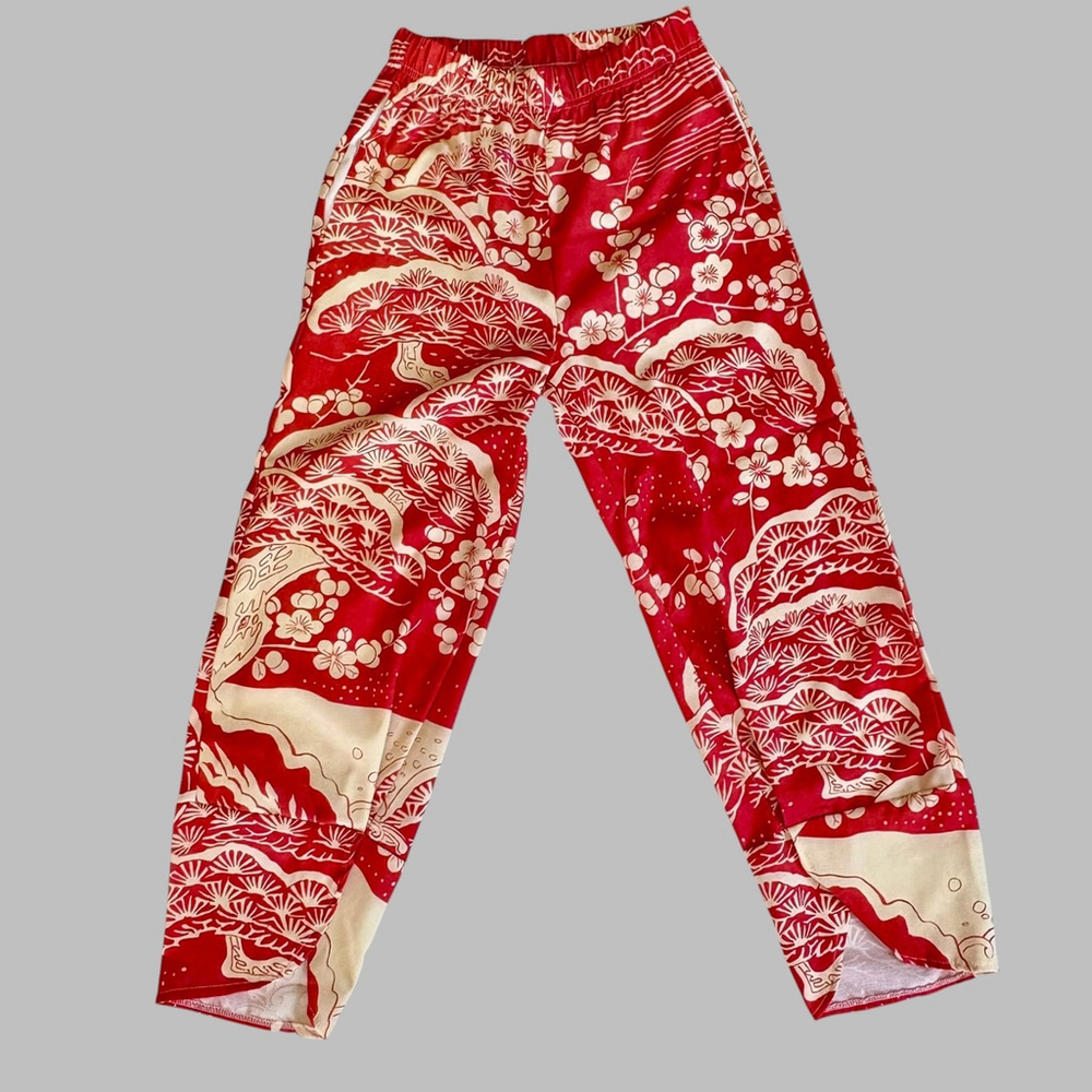 Asian Capri Pants Red Cream Small